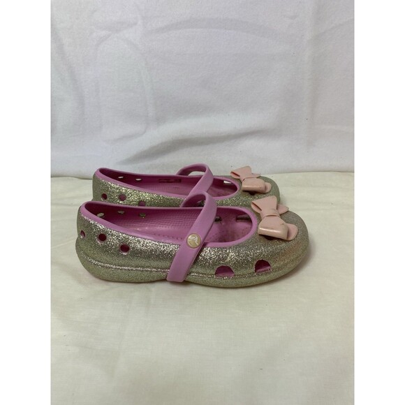 Crocs Girls Toddler Shoes Mary Janes Bow Slip-on Size C 12 Pink Silver Glitter - Picture 2 of 7
